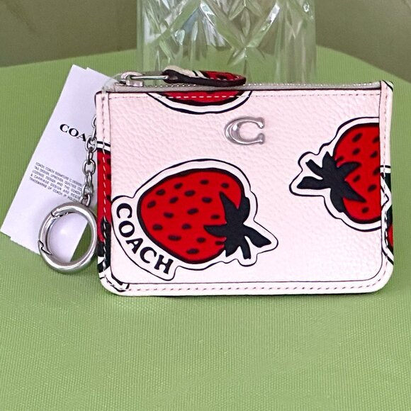 COACH STRAWBERRY PRINT LEATHER MINI SKINNY ID CASE:NWT STRAWBERRY/CHALK … - Picture 1 of 15